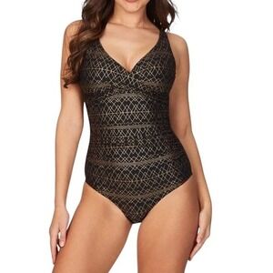 Niptuck Swim Black‎ Gold Patterned Multi Fit Cup One Piece Swimsuit 6
